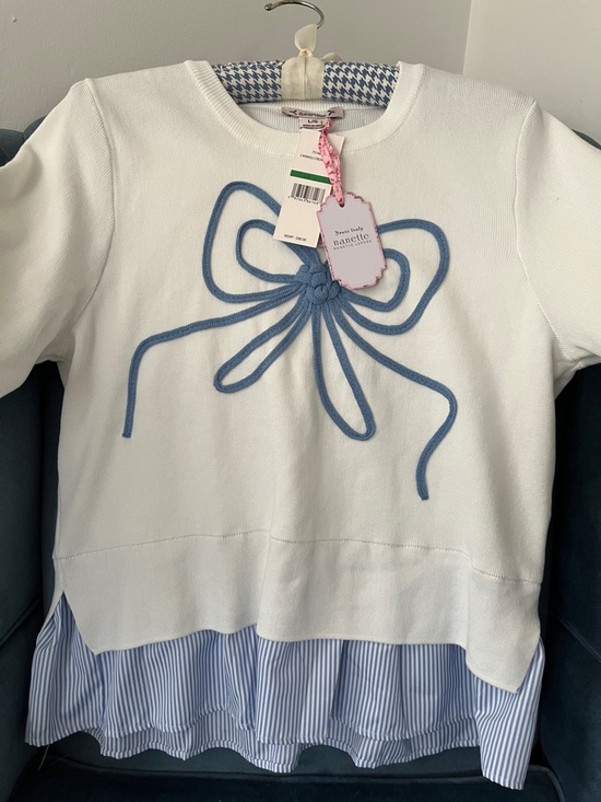 Nannette Sweaters - Nannette White Sweater with Blue Bow and Striped Hem
